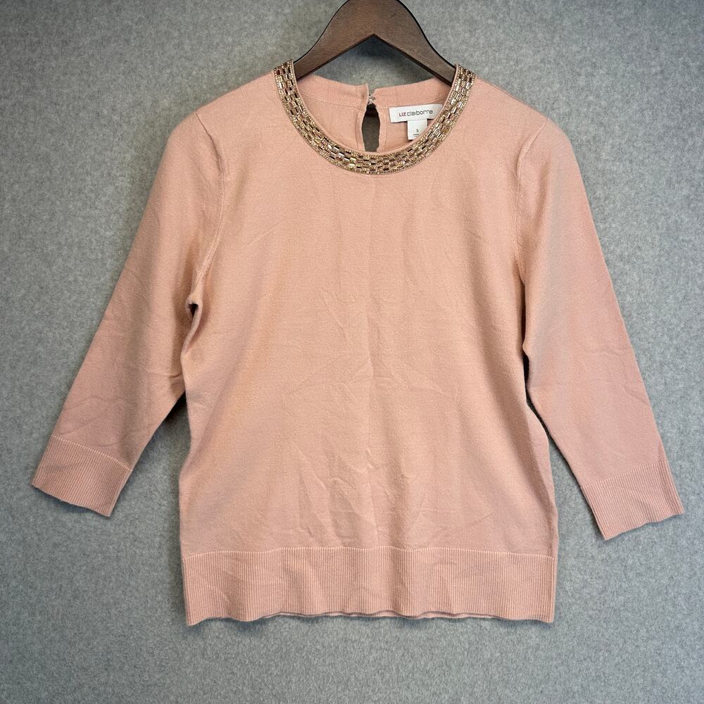 Liz Claiborne Sweater Womens Small Pink Gold Jeweled Neck 3/4 Sleeve Keyhole